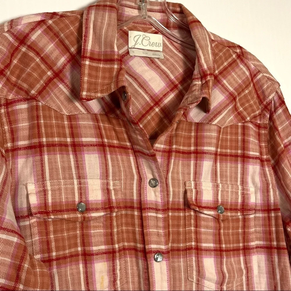 J. Crew Women’s Pink Plaid Flannel Pearl Snap Western Shirt Cowgirl Core Y2K